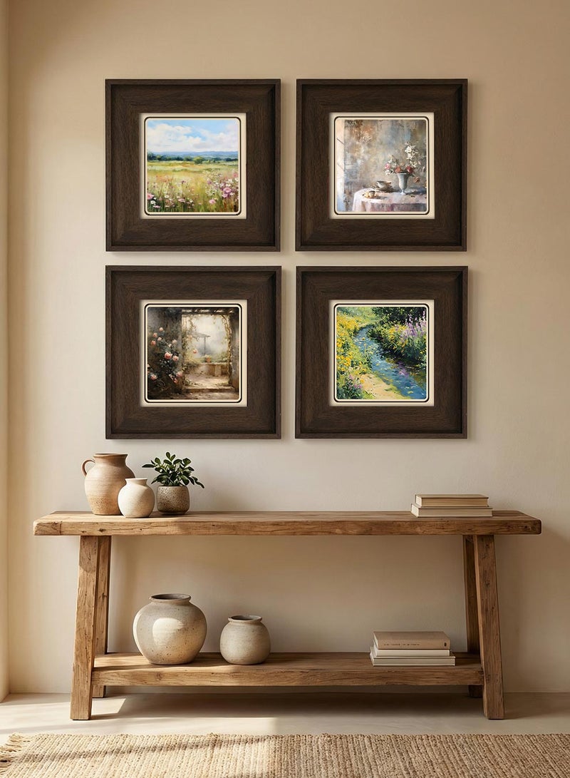LOWHA Set of 4 Canvas Wall Art Stretched Over Wooden Frame with Vintage Brown Floating Frame and Pastoral Calm Design - Image 4